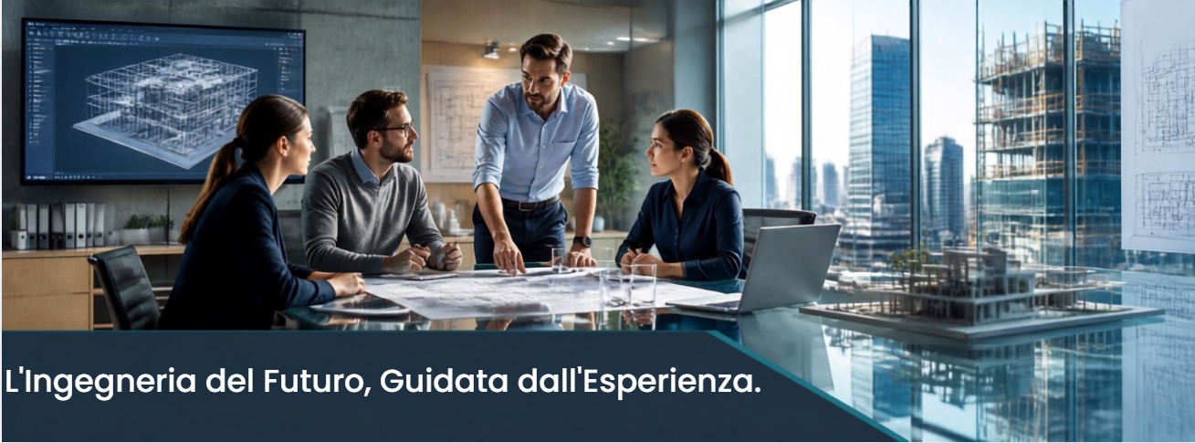 Professionisti in sala riunioni con planimetrie e skyline sullo sfondo