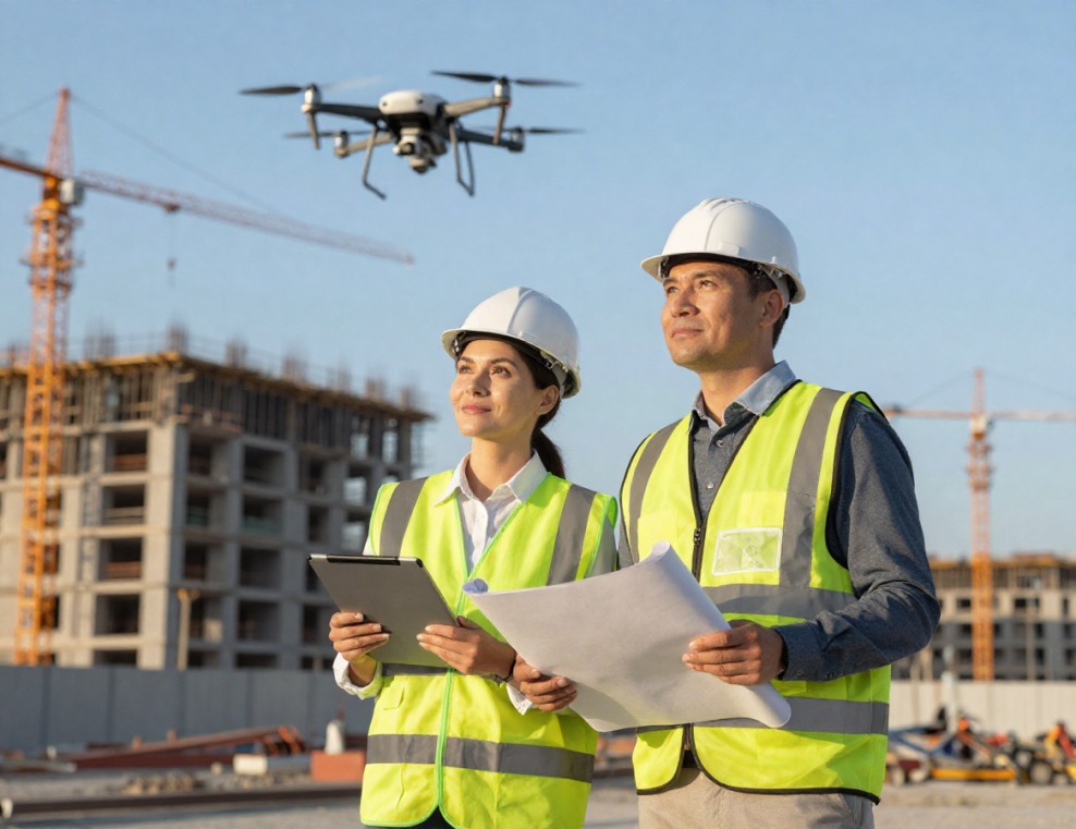 Tecnici in cantiere con drone in volo e tablet