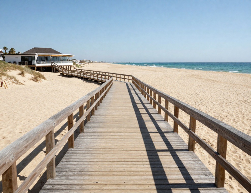 Passerella in legno su spiaggia con stabilimento balneare sullo sfondo