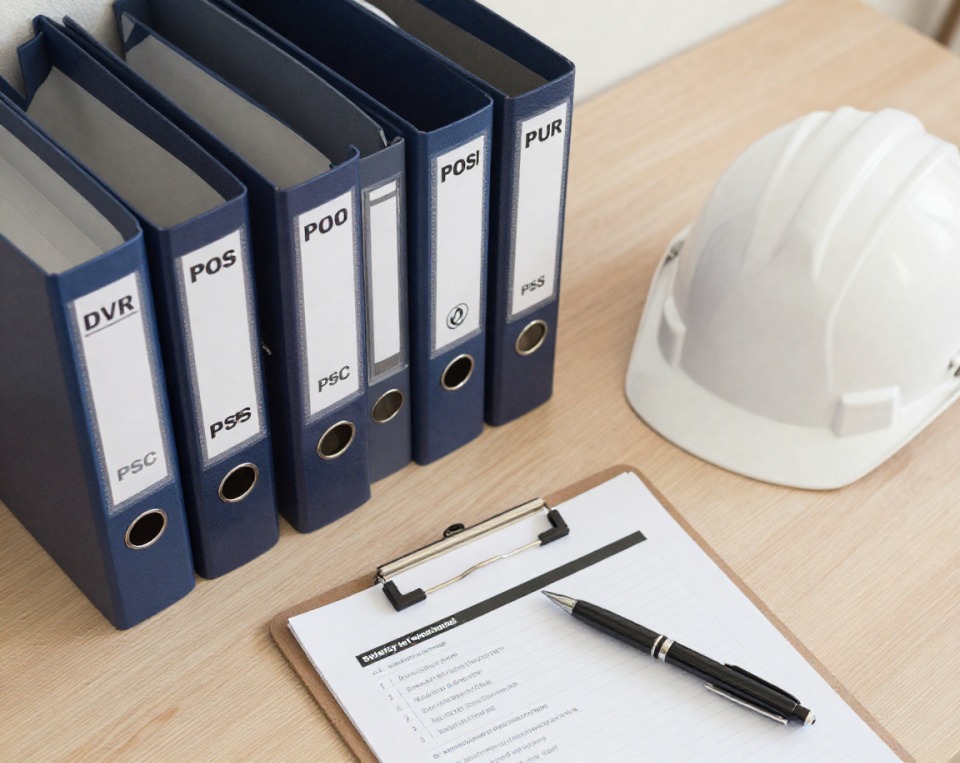 Raccoglitori documentali DVR, POS, PSC, PSS, PUR ed elmetto da cantiere
