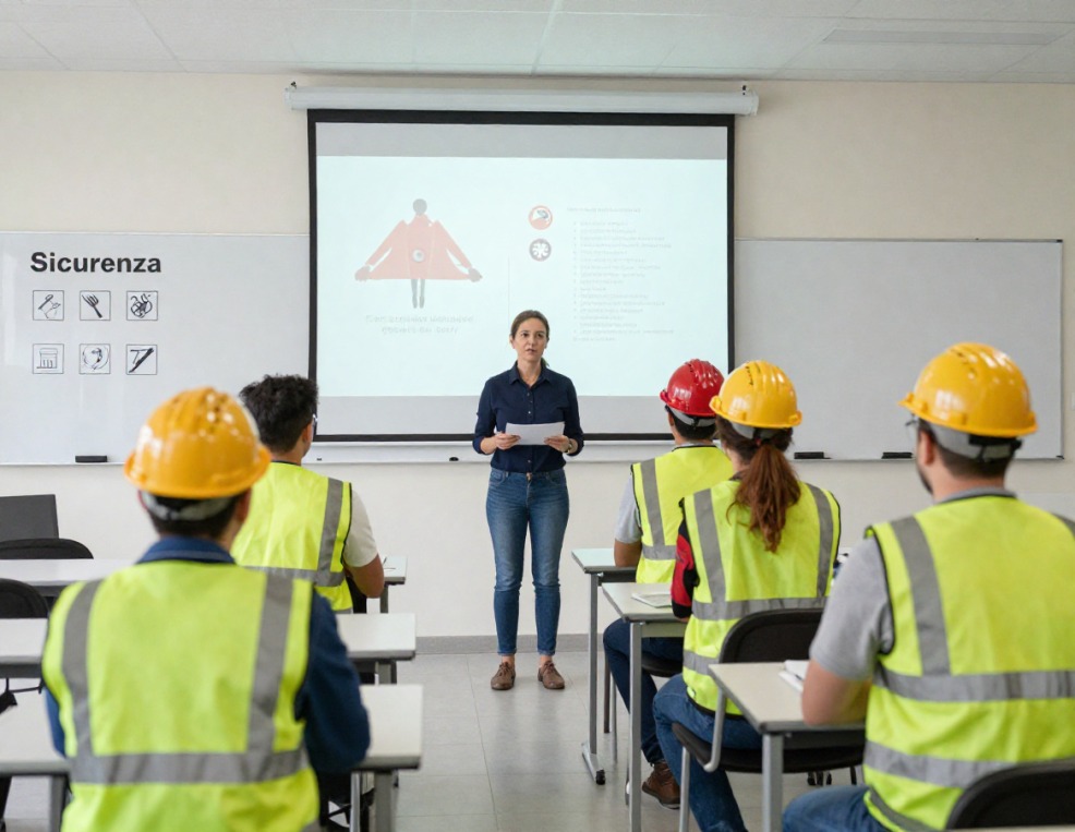 Aula di formazione con formatrice e lavoratori in gilet alta visibilità e caschi