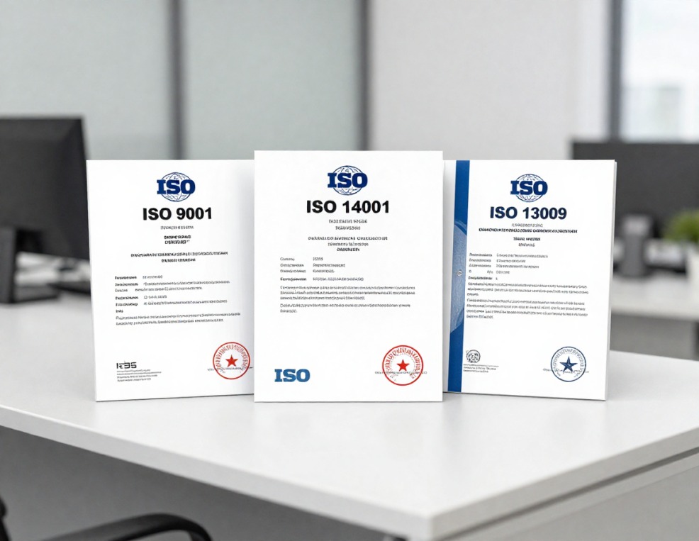 Attestati ISO 9001, ISO 14001 e ISO 13009 su scrivania